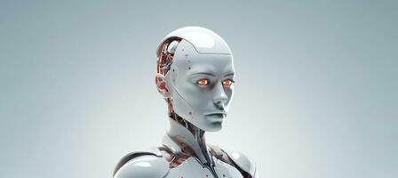 Beautiful robot portrait on light banner background. Artificial intelligence concept. AI Generated. photo