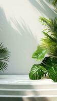 Empty podium or pedestal mockup for product among tropical leaves and sun rays. AI Generative. photo