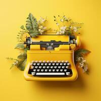 Yellow typewriter with flowers on yellow background. Inspiration for writing concept. AI Generated. photo