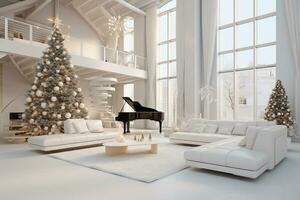 Apartment loft interior with Christmas tree and white decorations. AI Generative photo