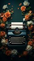 Typewriter with flowers on a dark background top view. AI Generated photo