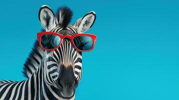 A zebra in red sunglasses on blue background. Copy space. AI Generative photo
