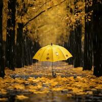 Yellow umbrella under rain in autumn park. Autumn season comes concept. AI Generative photo