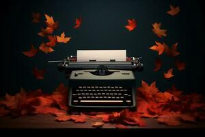 Typewriter with fall autumn leaves on a dark background. AI generative photo