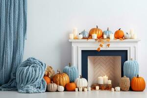 Interior of a white room with a fireplace, candles and decorative pumpkins. Autumn home decor concept. AI Generative photo