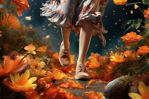 Legs of a young girl in boots moving on fallen leaves. Autumn time concept. AI Generative photo