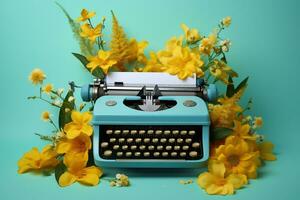 Blue typewriter with yellow flowers on a blue background. Inspiration for writing concept. AI Generated photo