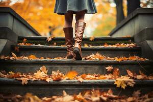 Beautiful legs of a young girl moving on fallen leaves and flowers. Autumn concept. AI Generative photo