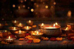 Candle light and bokeh background celebrate Indian Holiday Diwali. AI Generative photo