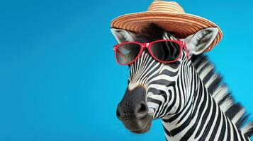 A zebra in red sunglasses and a cap on blue background. Copy space. AI Generative photo