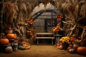 Autumn seasonal photo zone with a harvest of pumpkins, corn, flowers and wooden decor