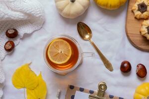 Cup of tea and autumn cozy decor with sweater and pumpkins top view. Fall flat lay. photo