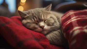 Ai generated Cute cat sleeping on sofa at home, closeup. Lovely pet photo