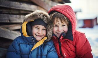 Two kids in winter wreath smiling together. Family concept. Ai generated photo