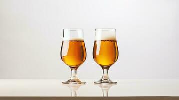 Two glasses of beer on a white table with a white background. AI Generative photo