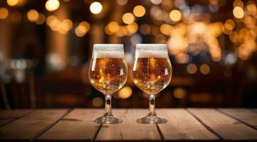 AI Generative Two glasses of beer on a wooden table in a pub. Bokeh lights on background. photo