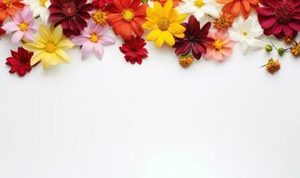 Ai generated Autumn flowers frame on wooden background. Seasonal yellow and red flowers. Autumn background. Space for text. photo