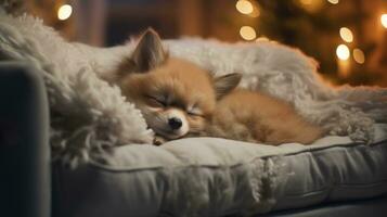 ai generado linda pequeño zorro dormido en sofá en habitación con Navidad árbol y luces foto