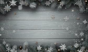 Christmas background. Spruce branch and snowflakes frame. Space for text. Ai Generated photo