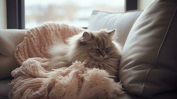 Siberian cat is lying on a sofa with a knitted plaid Ai generated photo