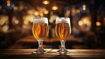 AI Generative Two glasses of beer on a wooden table in a pub. Bokeh lights on background. photo