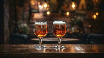 AI Generative Two glasses of beer on a wooden table in a pub. Bokeh lights on background. photo