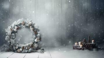 AI Generative Winter forest with snow covered trees. Christmas and New Year background. Christmas wreath with empty space for text. photo