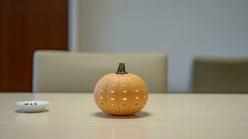 AI Generative Halloween pumpkin and candle on wooden table with copy space for text photo