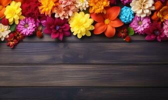 Ai generated Autumn flowers frame on wooden background. Seasonal yellow and red flowers. Autumn background. Space for text. photo