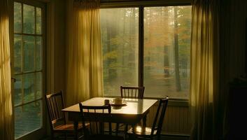 ai generativo interior de un comida habitación con un ventana con vista a el otoño bosque. mesa y cuatro sillas en el habitación cerca el ventana. foto