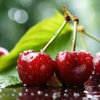 AI Generative Sweet cherries with drops of water on a dark background closeup photo