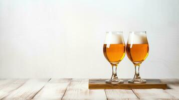 Glass of beer on wooden table over white wooden wall background. Mock up. Space for text. AI Generative photo