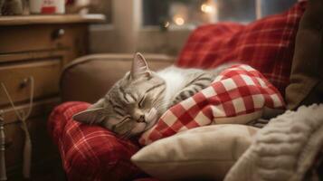 Ai generated Cute tabby cat sleeping on a red plaid in the living room. photo