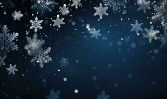 Ai generated Falling snowflakes on blue background. Blurred snowflakes. Christmas background. photo