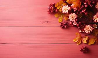 Ai generated Autumn flowers frame on wooden background. Seasonal yellow and red flowers. Autumn background. Space for text. photo