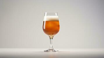 AI Generative glass of beer on a wooden table, isolated on gray background. light ale. empty space for text. photo