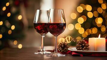 AI Generative Two glasses of red wine with Christmas decoration on bokeh background photo