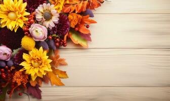 Ai generated Autumn flowers frame on wooden background. Seasonal yellow and red flowers. Autumn background. Space for text. photo