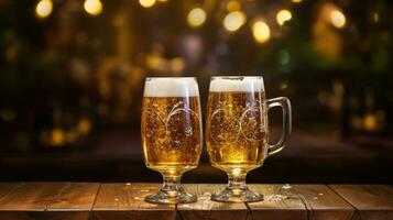 AI Generative Two glasses of beer on a wooden table in a pub. Bokeh lights on background. photo