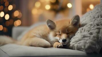 linda pequeño zorro dormido en sofá en habitación con Navidad árbol y luces ai generado foto