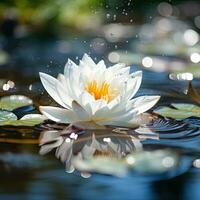 ai generativo hermosa blanco agua lirio con Rocío gotas en el agua superficie foto