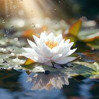 AI Generative Beautiful white water lily with dew drops on the water surface photo