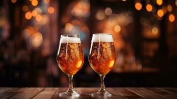 AI Generative Two glasses of beer on a wooden table in a pub. Bokeh lights on background. photo