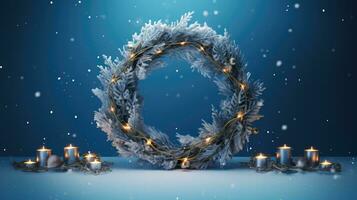 AI Generative Christmas wreath with burning candles and stars on dark blue background. photo