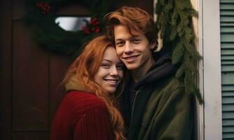 Ai generated Young couple smiling together near home door decorated with mistletoe. Christmas holidays. photo