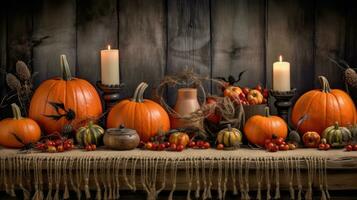 AI Generative Jack lantern on the table. Halloween night. Burning candles. Halloween background. photo