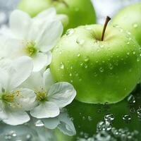 AI Generative Green apples and apple blossom with water drops on a black background photo
