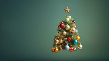 Christmas tree with gifts on the background of a dark gray wall. Space for text. blurred lights. AI Generative photo