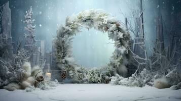 AI Generative Winter forest with snow covered trees. Christmas and New Year background. Christmas wreath with empty space for text. photo