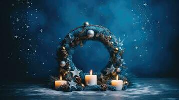 AI Generative Christmas wreath with burning candles and stars on dark blue background. photo